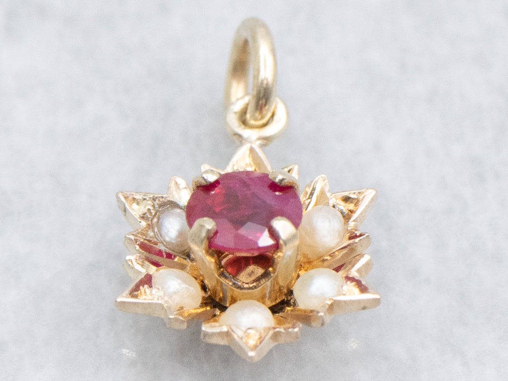 Ruby and Seed Pearl Gold Halo Stickpin Conversion Pendant