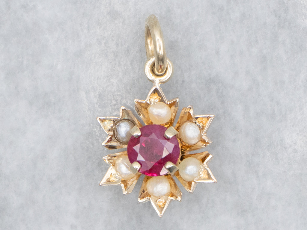 Ruby and Seed Pearl Gold Halo Stickpin Conversion Pendant