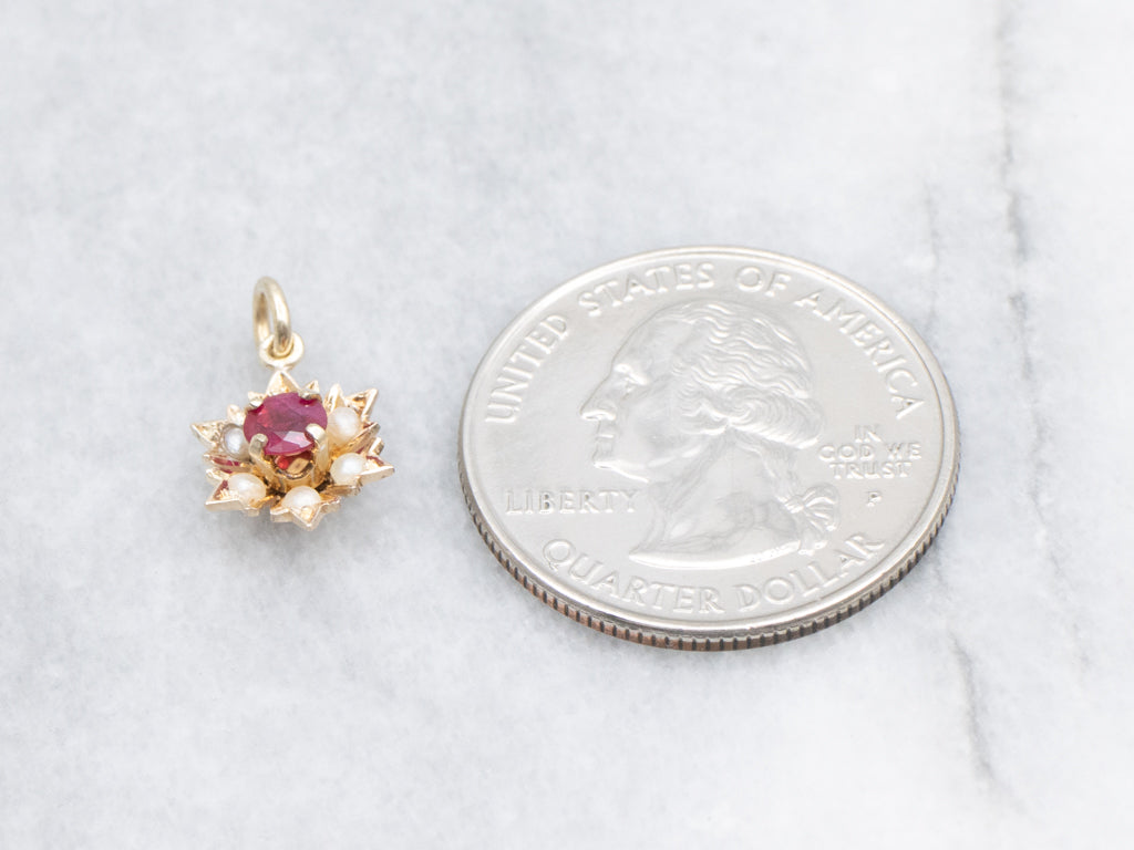 Ruby and Seed Pearl Gold Halo Stickpin Conversion Pendant