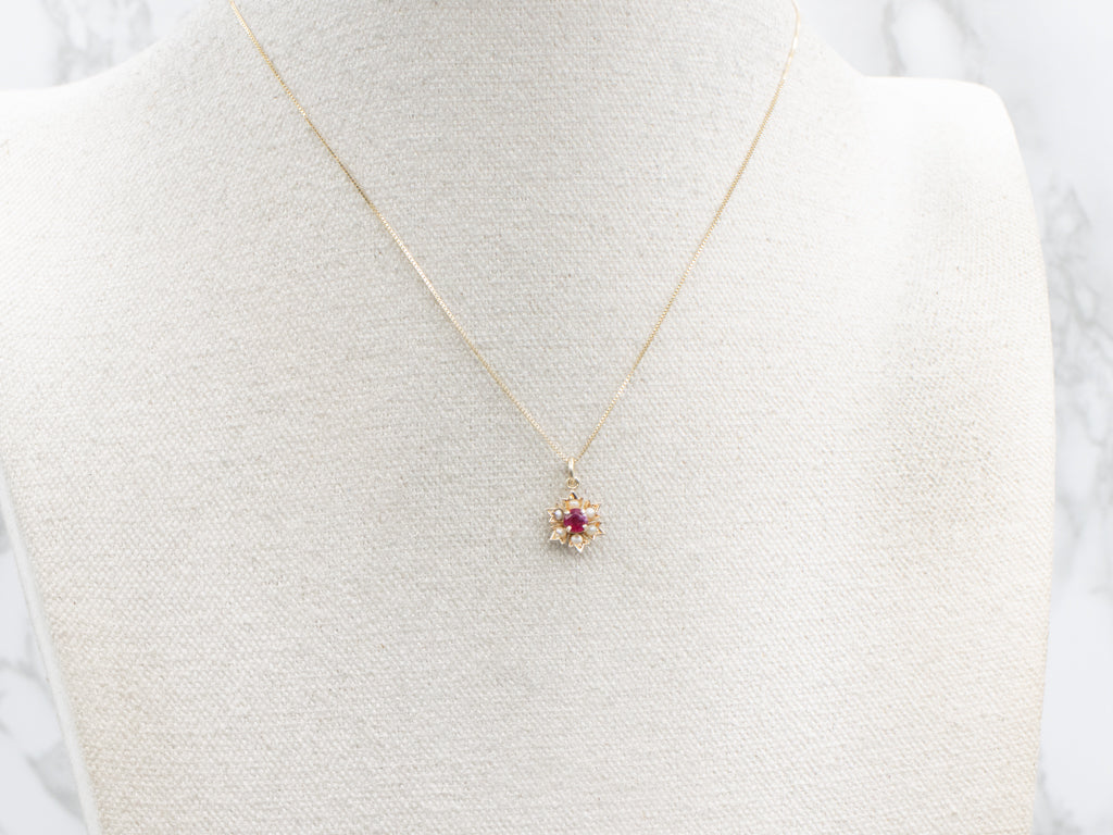 Ruby and Seed Pearl Gold Halo Stickpin Conversion Pendant