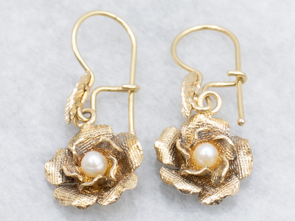 Vintage Textured Gold Pearl Flower Drop Earrings