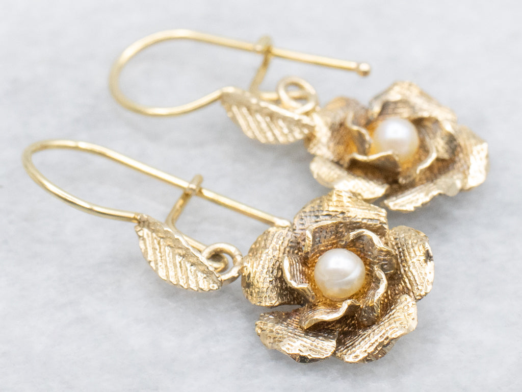 Vintage Textured Gold Pearl Flower Drop Earrings