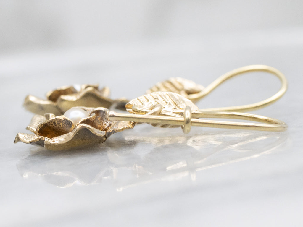 Vintage Textured Gold Pearl Flower Drop Earrings