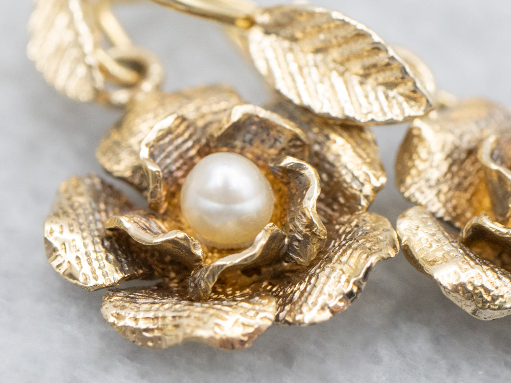 Vintage Textured Gold Pearl Flower Drop Earrings