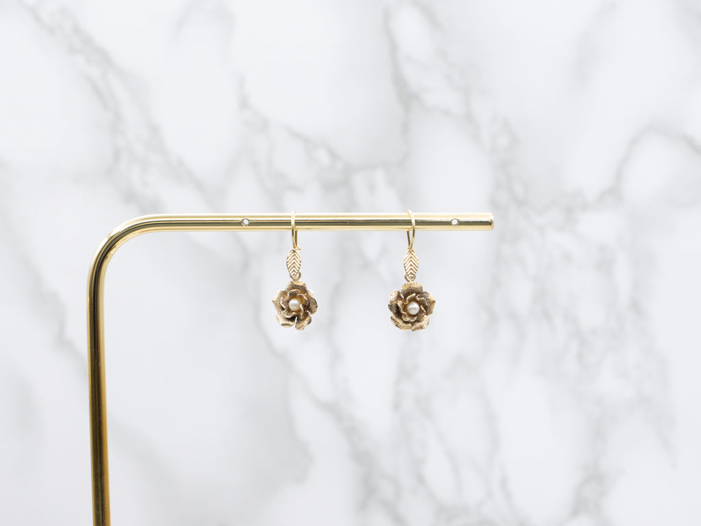 Vintage Textured Gold Pearl Flower Drop Earrings