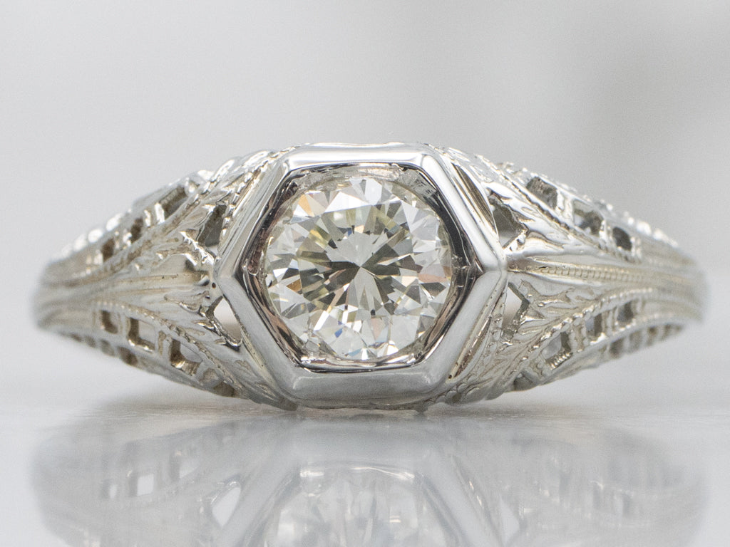 1920s Diamond Solitaire White Gold Filigree Engagement Ring