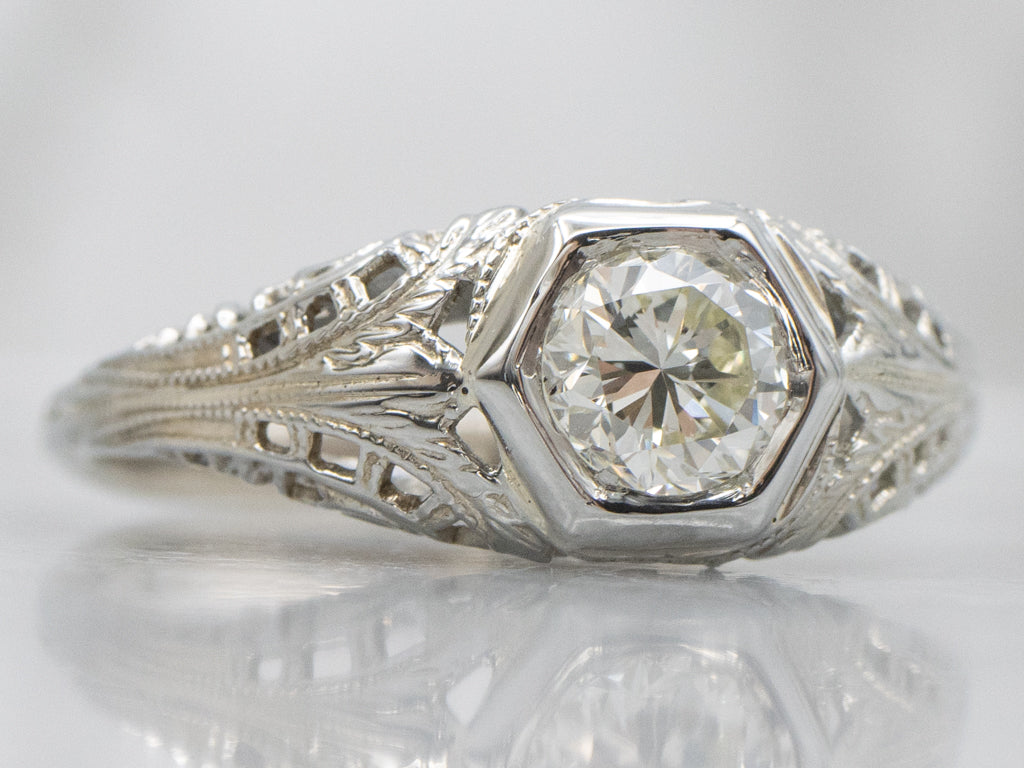 1920s Diamond Solitaire White Gold Filigree Engagement Ring