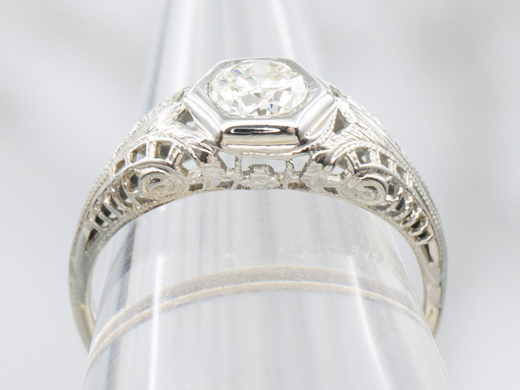 1920s Diamond Solitaire White Gold Filigree Engagement Ring