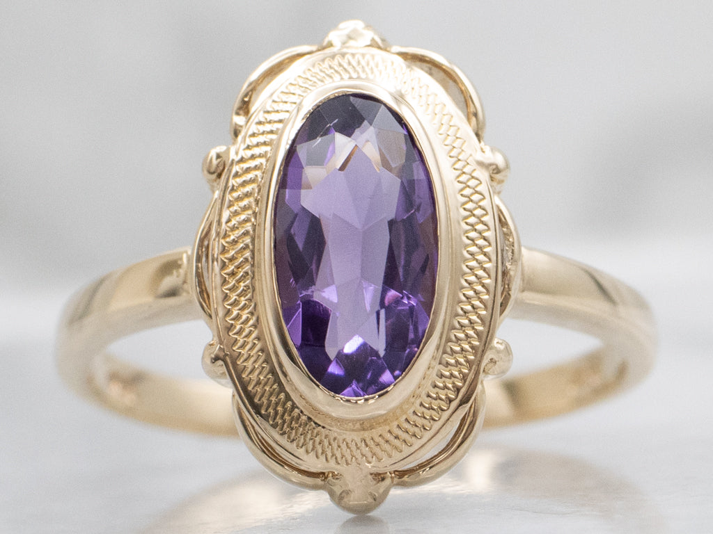Bezel-Set Amethyst Vintage Yellow Gold Solitaire Ring