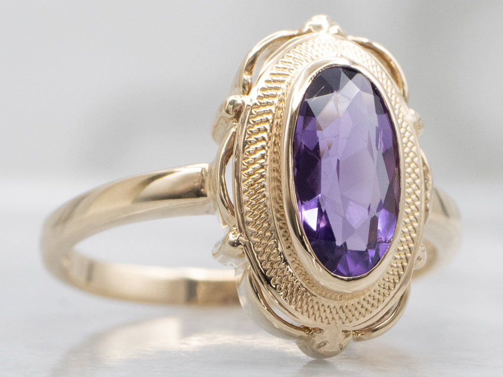 Bezel-Set Amethyst Vintage Yellow Gold Solitaire Ring