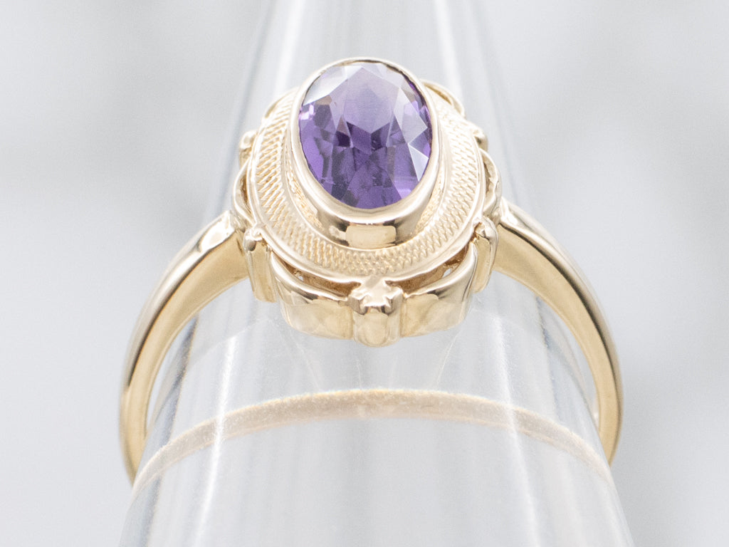 Bezel-Set Amethyst Vintage Yellow Gold Solitaire Ring