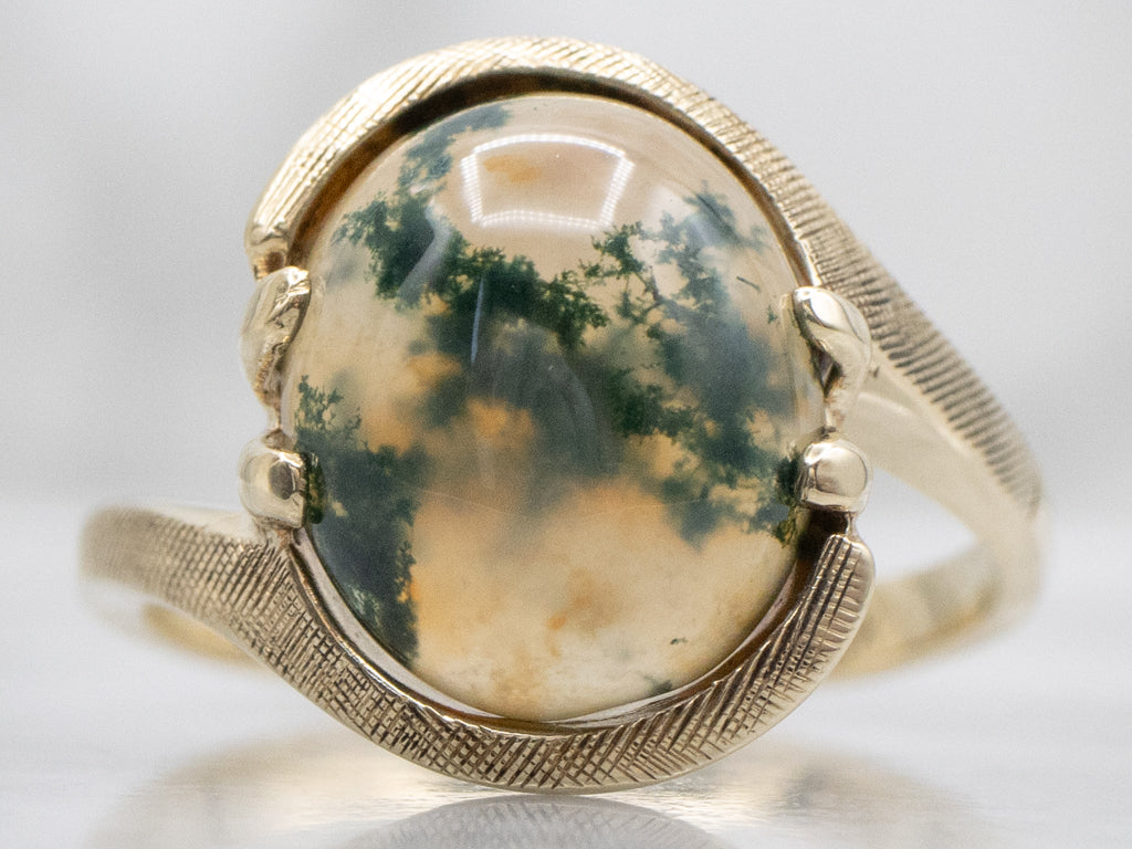 Moss Agate Vintage Gold Cabochon Bypass Ring