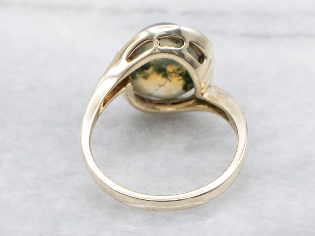 Moss Agate Vintage Gold Cabochon Bypass Ring