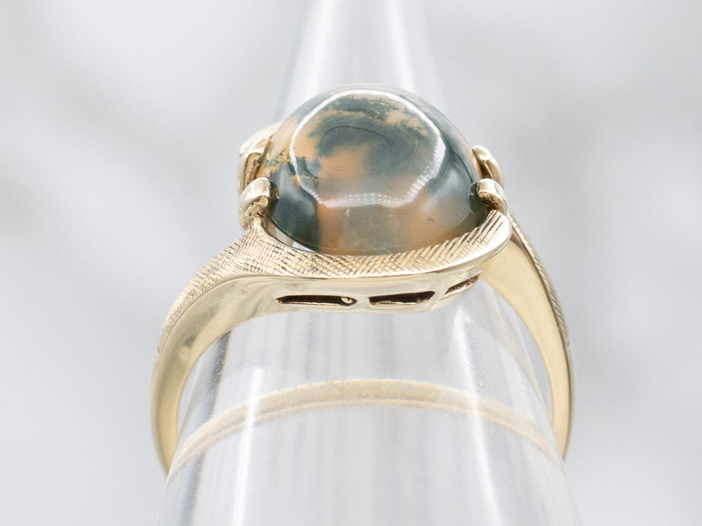 Moss Agate Vintage Gold Cabochon Bypass Ring