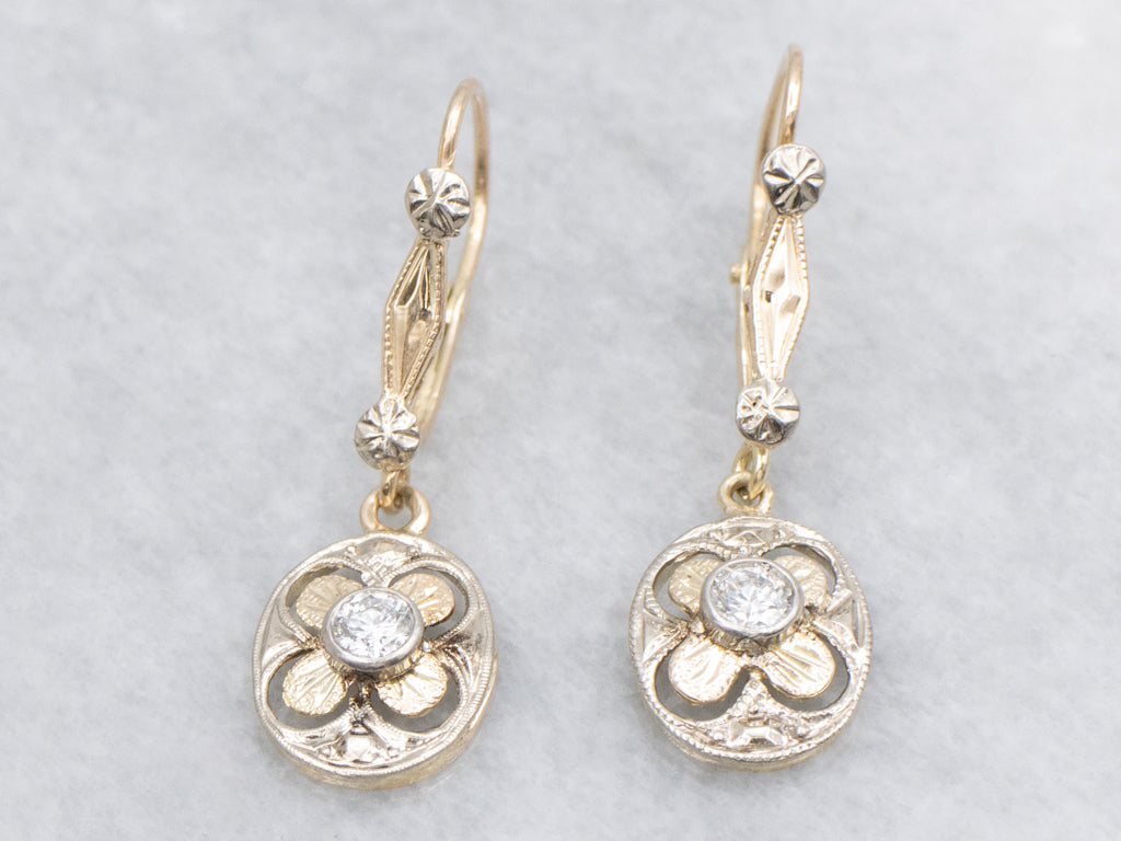 Two-Tone Gold Bezel-Set Diamond Floral Drop Earrings