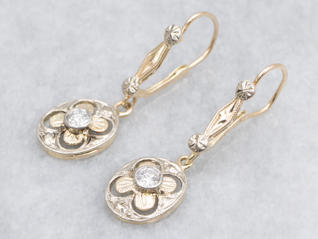 Two-Tone Gold Bezel-Set Diamond Floral Drop Earrings
