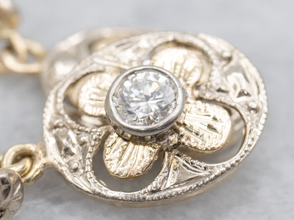 Two-Tone Gold Bezel-Set Diamond Floral Drop Earrings