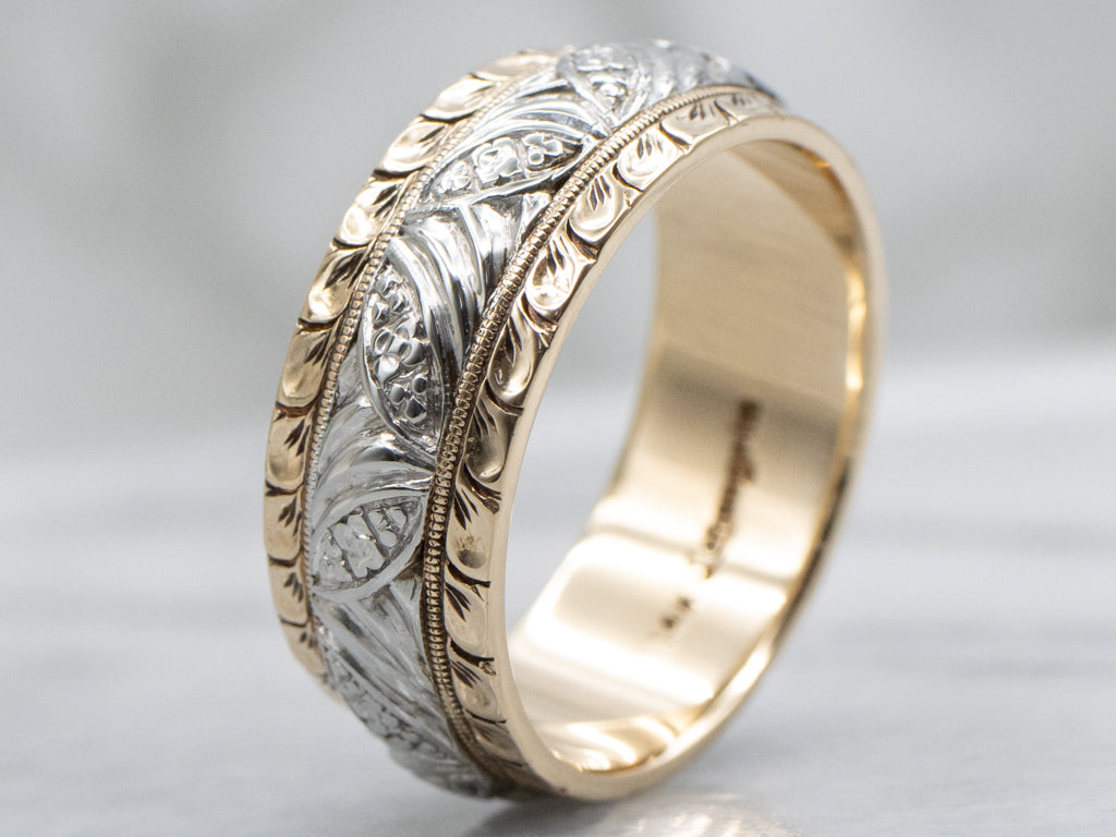 Beautiful Mid-Century Two-Tone Gold Botanical Patterned Band
