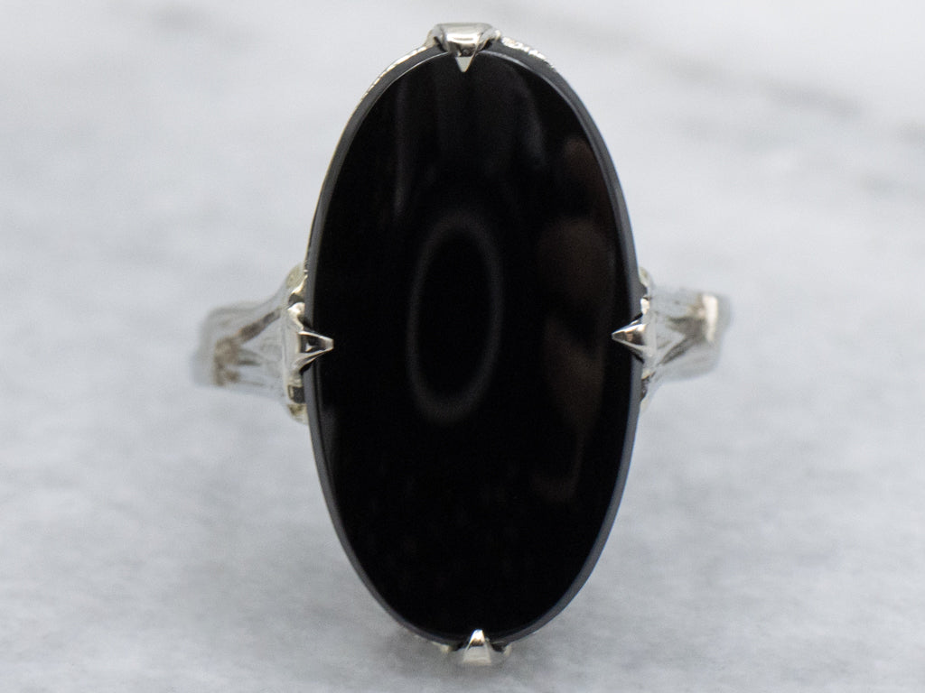 Antique 1920s Elongated Onyx White Gold Ladies Ring