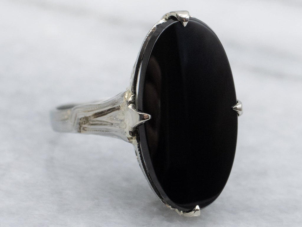 Antique 1920s Elongated Onyx White Gold Ladies Ring