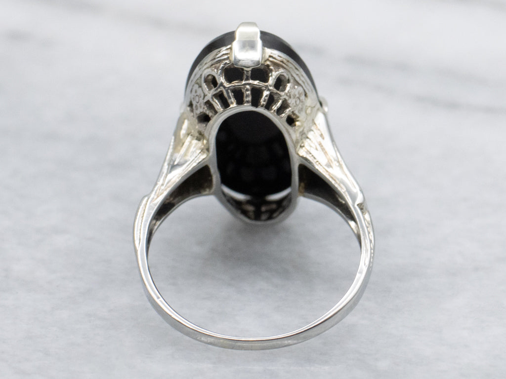 Antique 1920s Elongated Onyx White Gold Ladies Ring