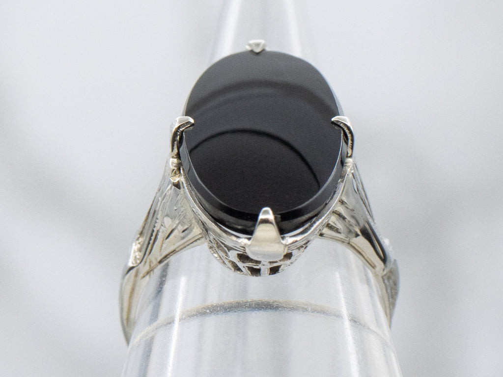Antique 1920s Elongated Onyx White Gold Ladies Ring