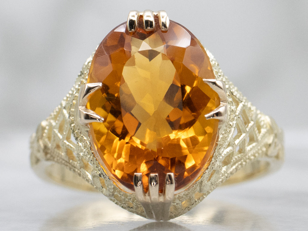 Vintage Gold and Citrine Filigree Cocktail Ring