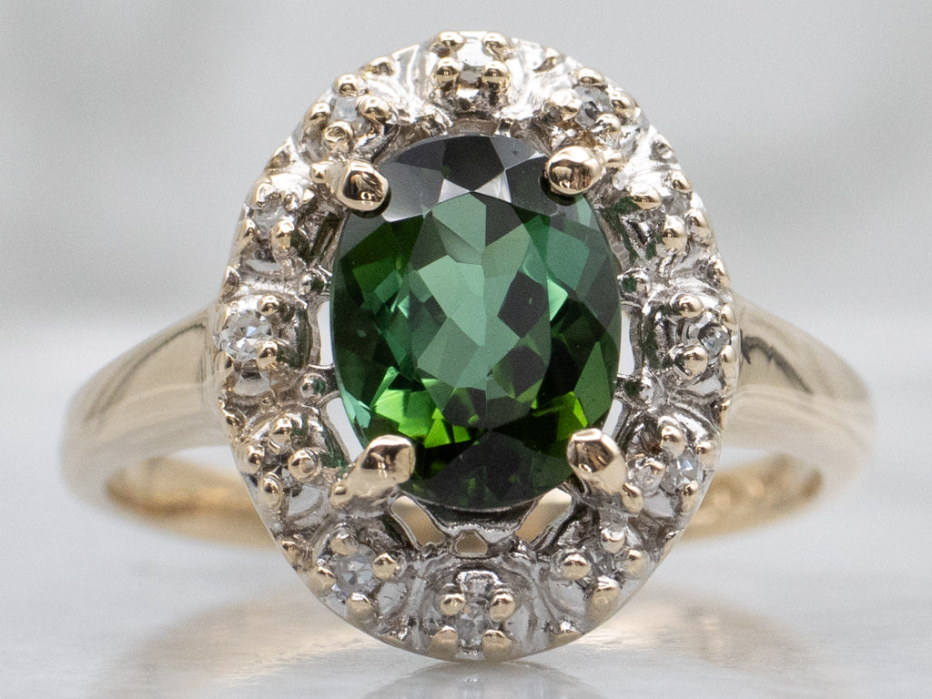 Green Tourmaline and Diamond Halo Ring