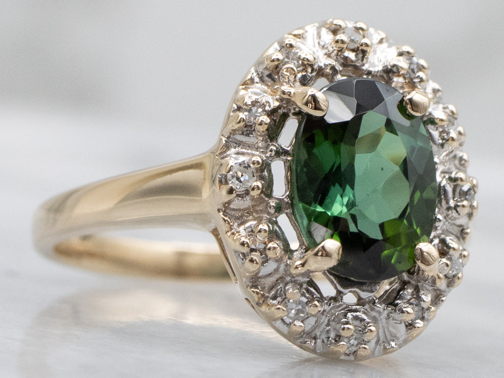 Green Tourmaline and Diamond Halo Ring