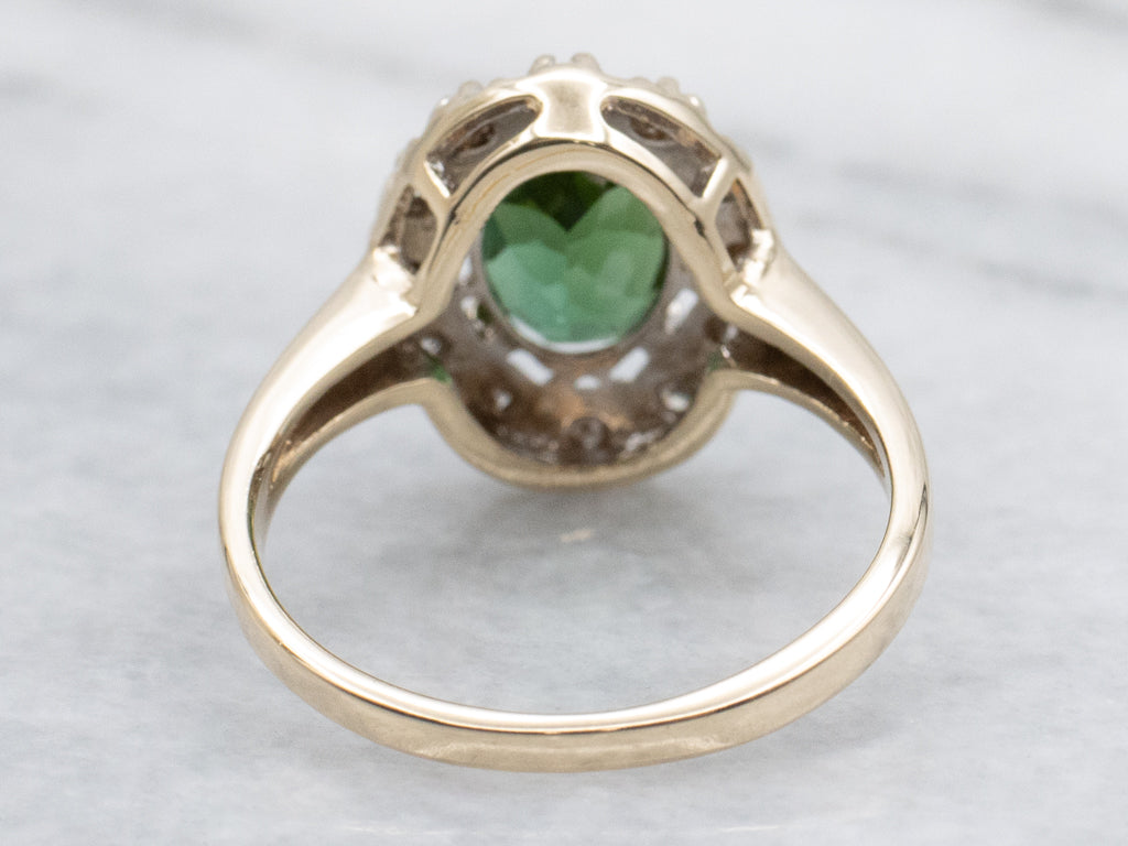 Green Tourmaline and Diamond Halo Ring