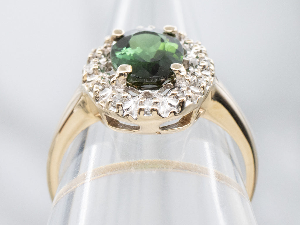 Green Tourmaline and Diamond Halo Ring