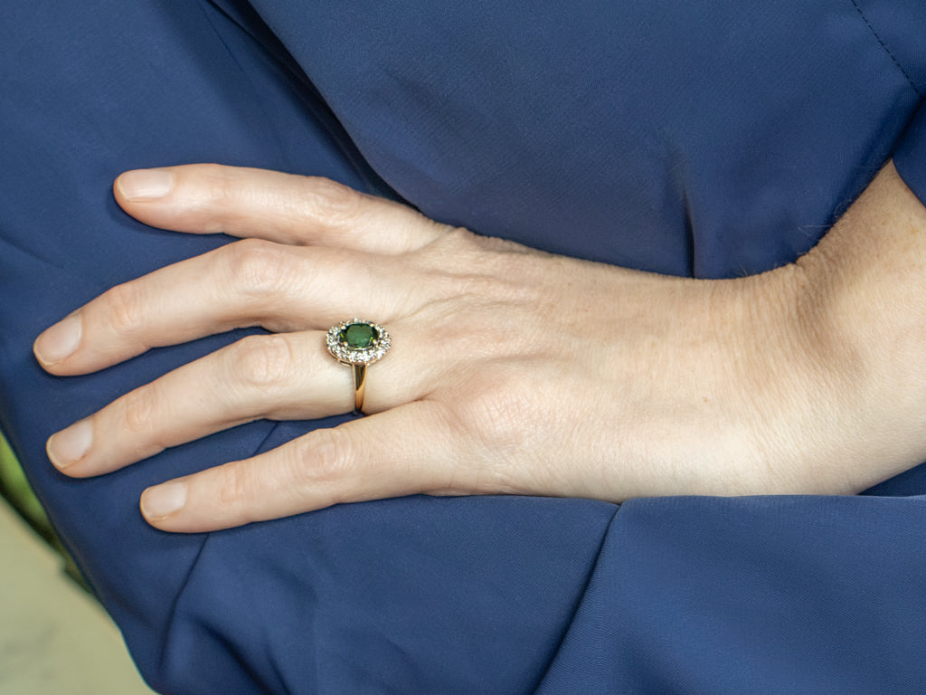 Green Tourmaline and Diamond Halo Ring