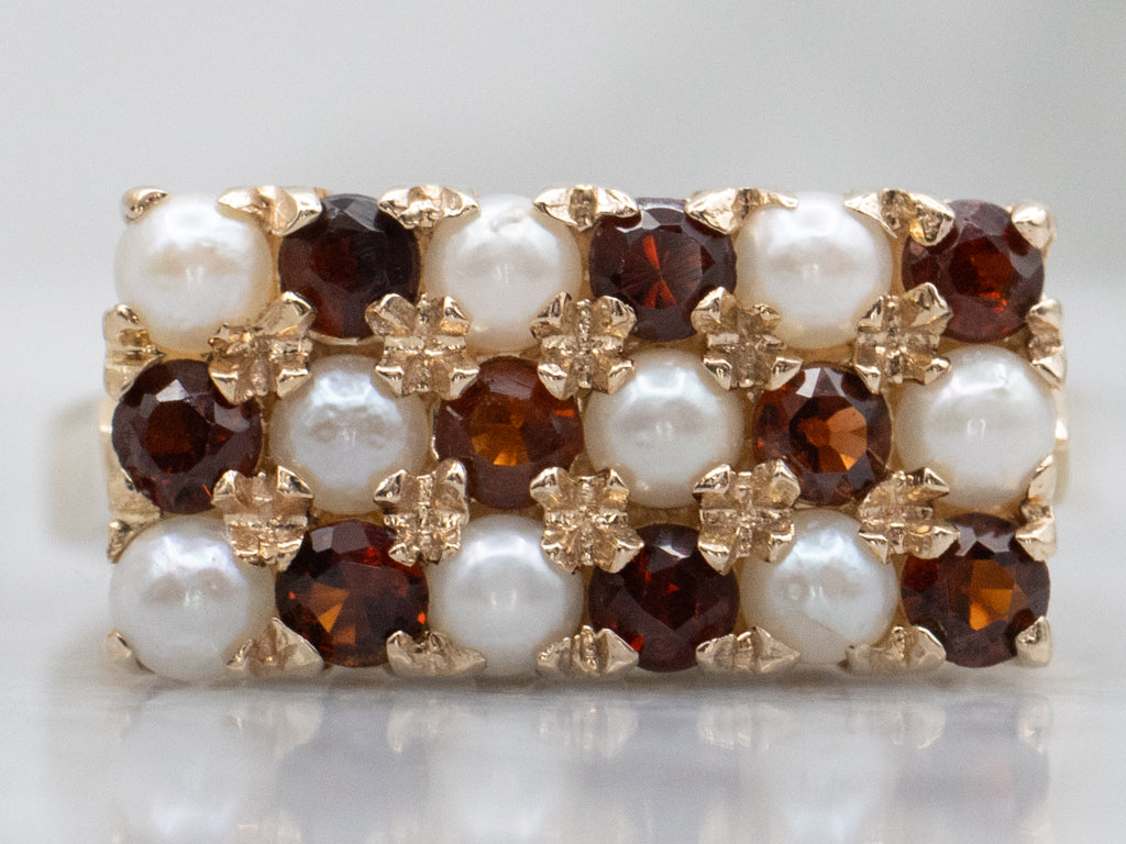 Alternating Garnet and Seed Pearl Italian Gold Ring