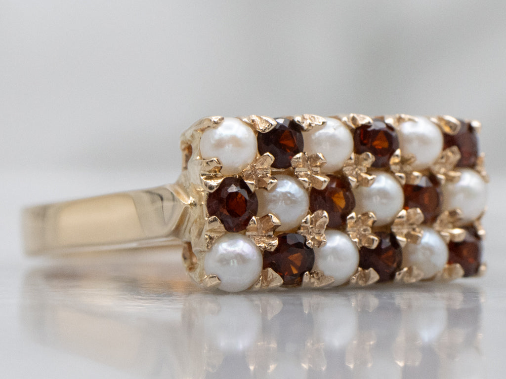 Alternating Garnet and Seed Pearl Italian Gold Ring