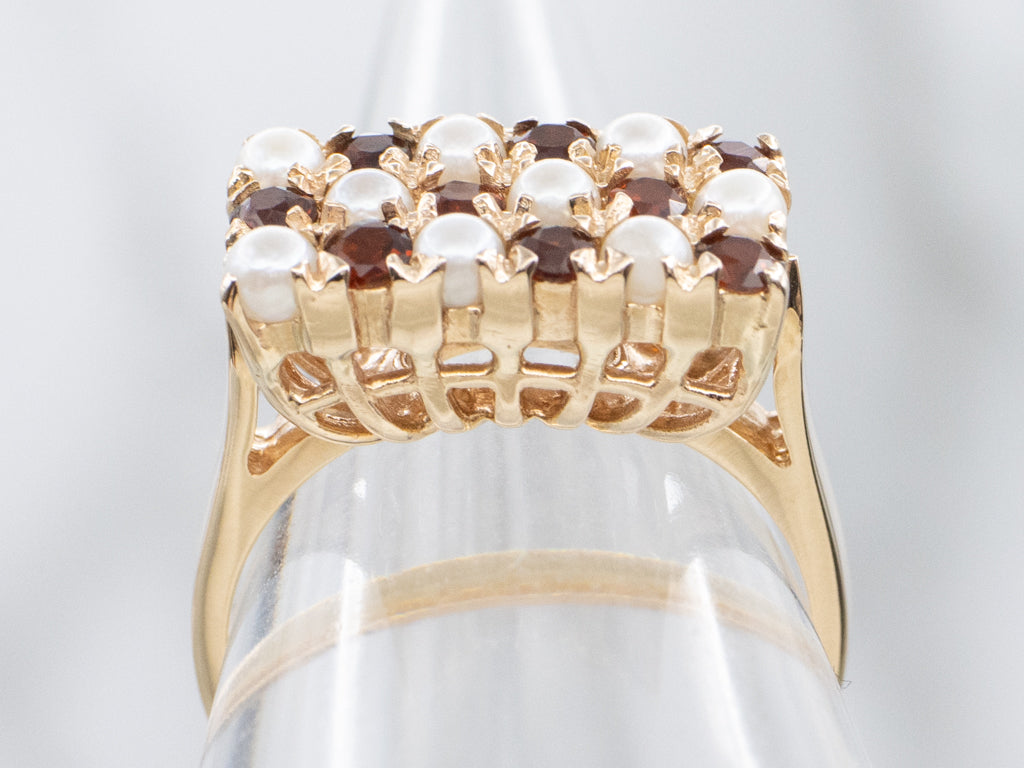Alternating Garnet and Seed Pearl Italian Gold Ring