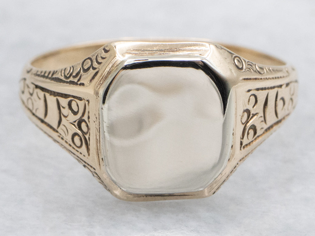 Antique Two-Tone Gold Signet Ring with Engraved Details