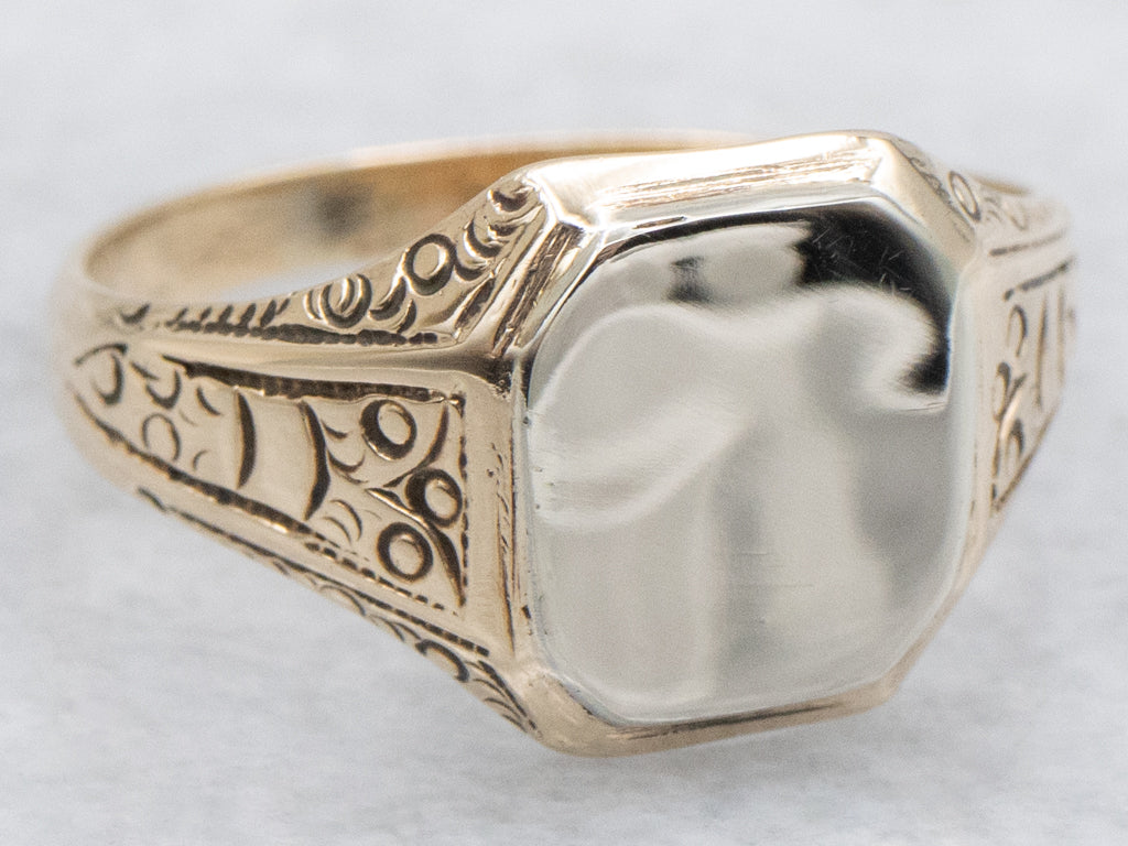 Antique Two-Tone Gold Signet Ring with Engraved Details