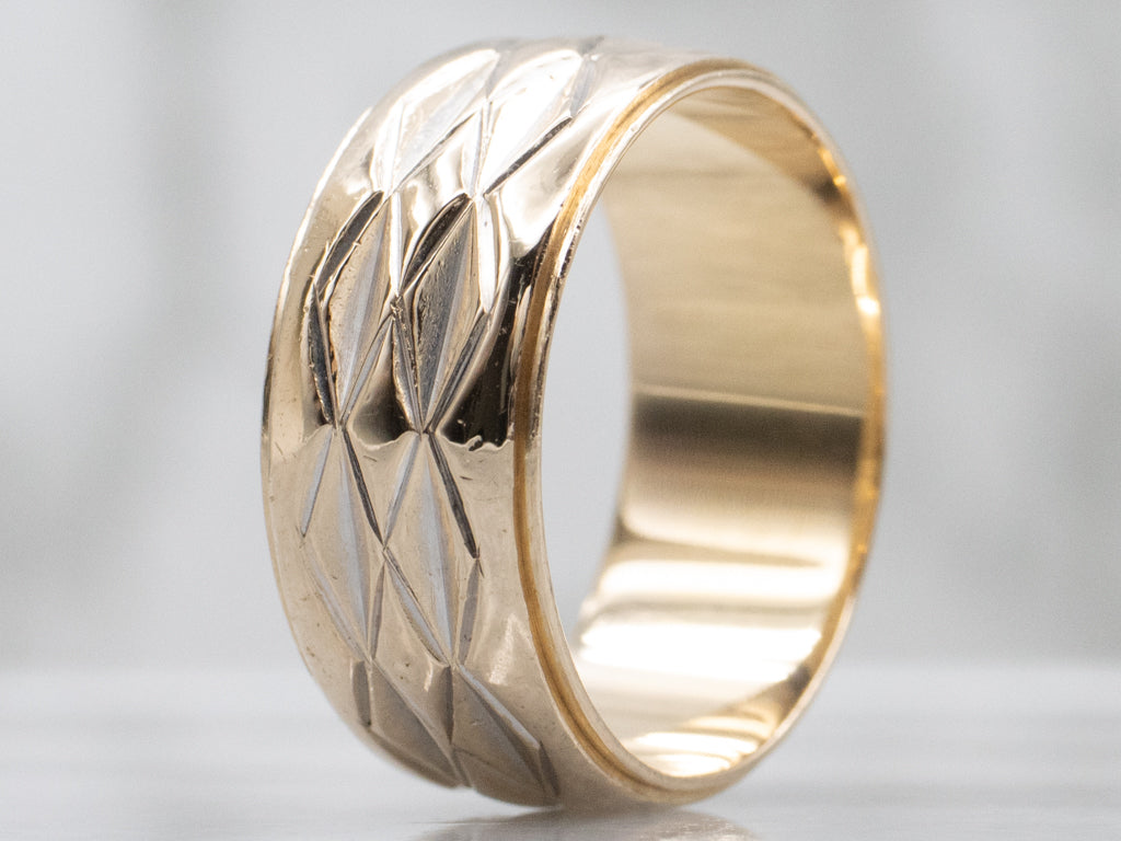 Wide Yellow Gold Band with Faceted Center