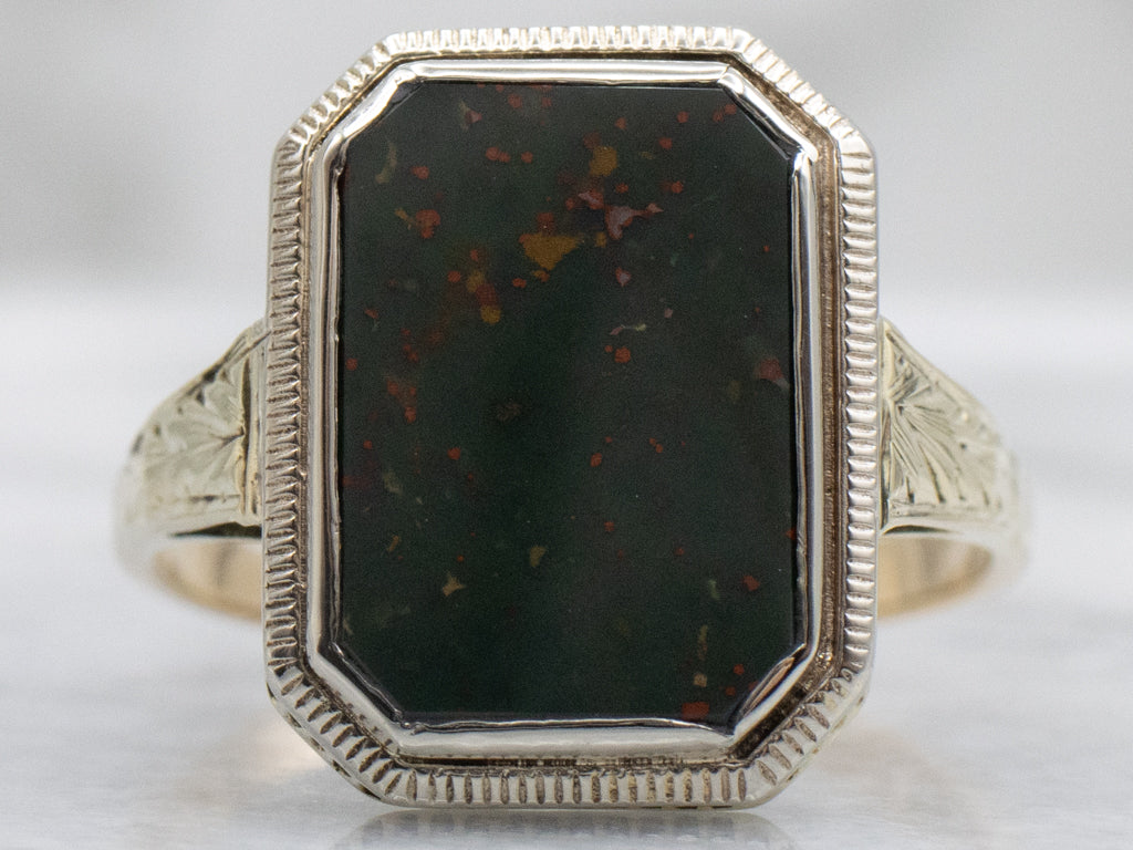 Bloodstone Engraved Two-Tone Gold Vintage Ring