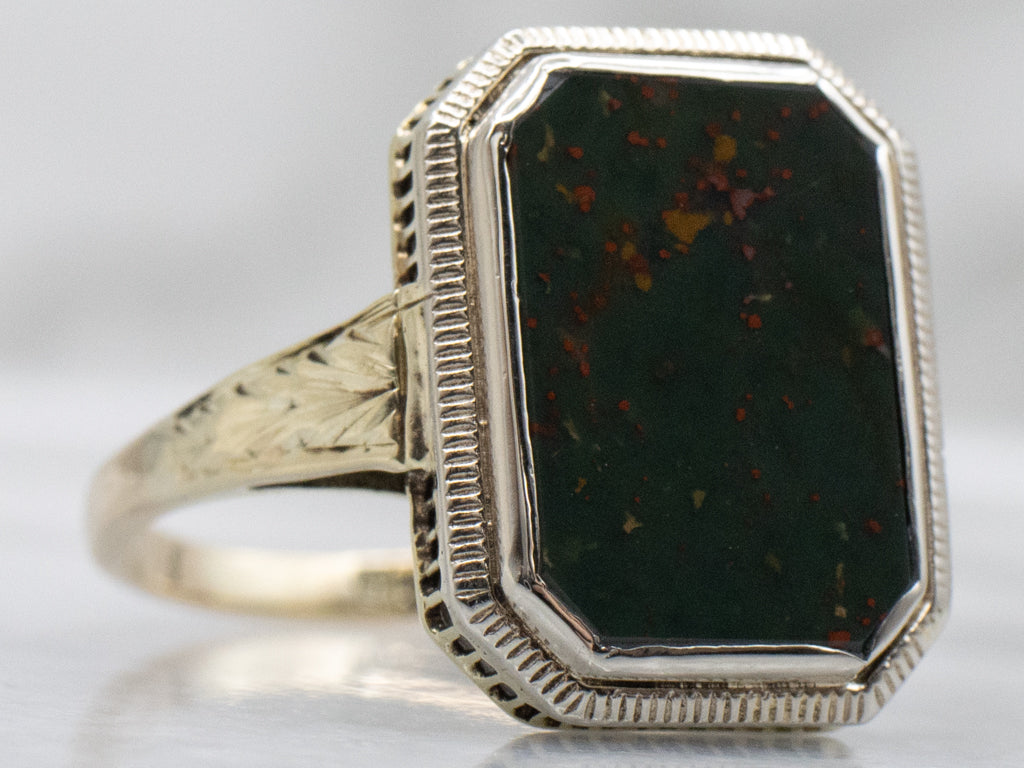 Bloodstone Engraved Two-Tone Gold Vintage Ring