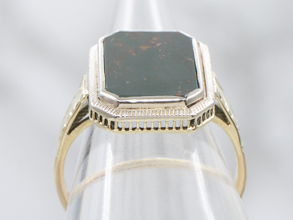 Bloodstone Engraved Two-Tone Gold Vintage Ring