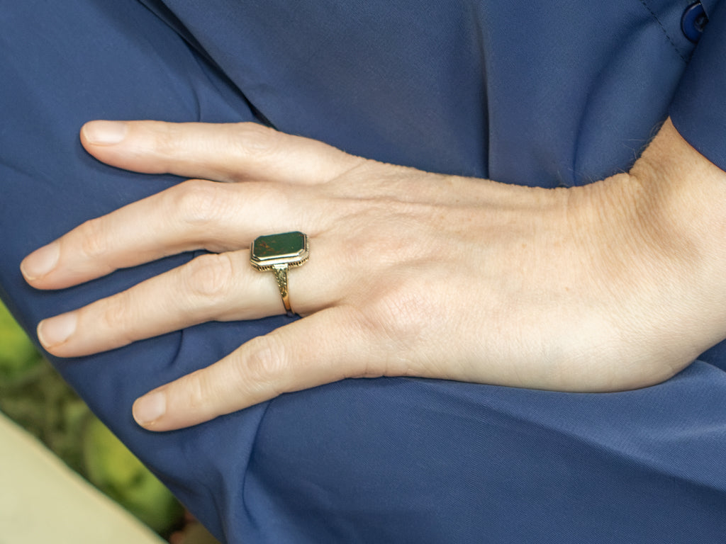 Bloodstone Engraved Two-Tone Gold Vintage Ring