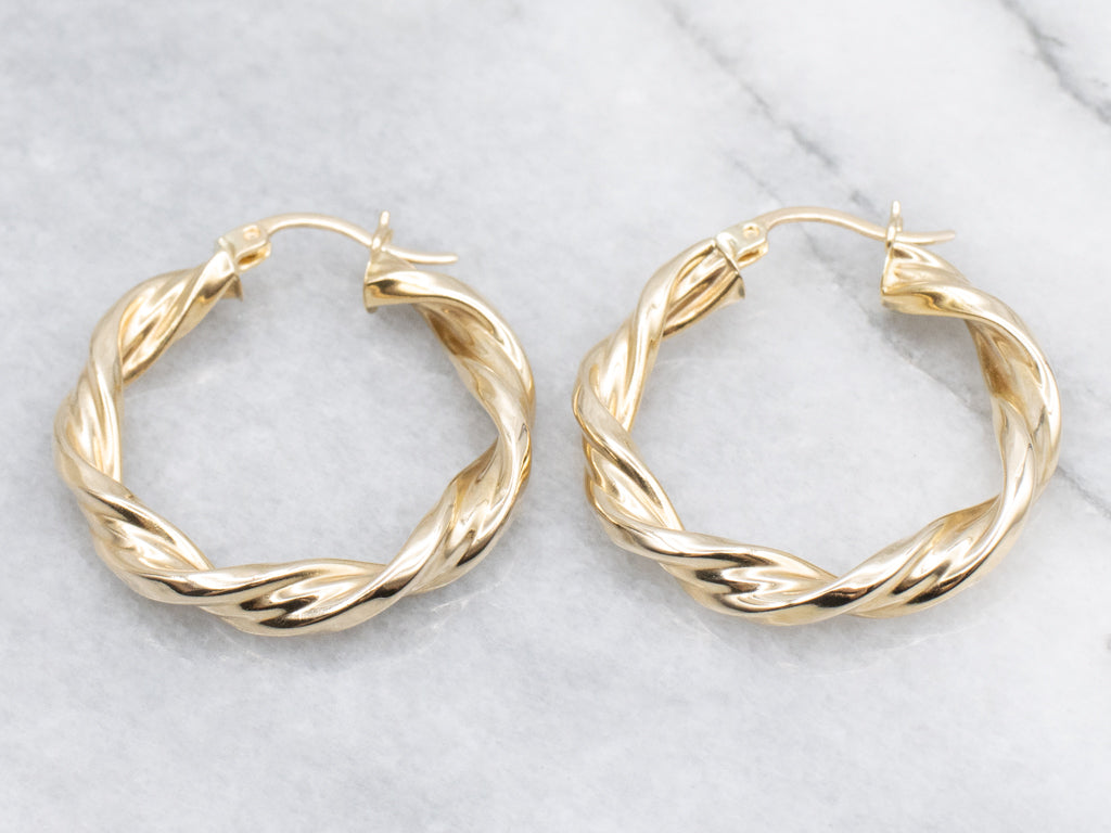 Puffed Twisted Yellow Gold Hoop Earrings