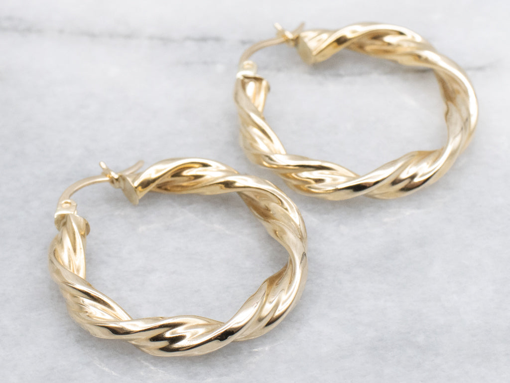 Puffed Twisted Yellow Gold Hoop Earrings