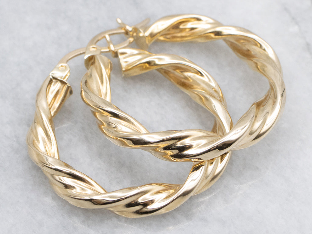 Puffed Twisted Yellow Gold Hoop Earrings
