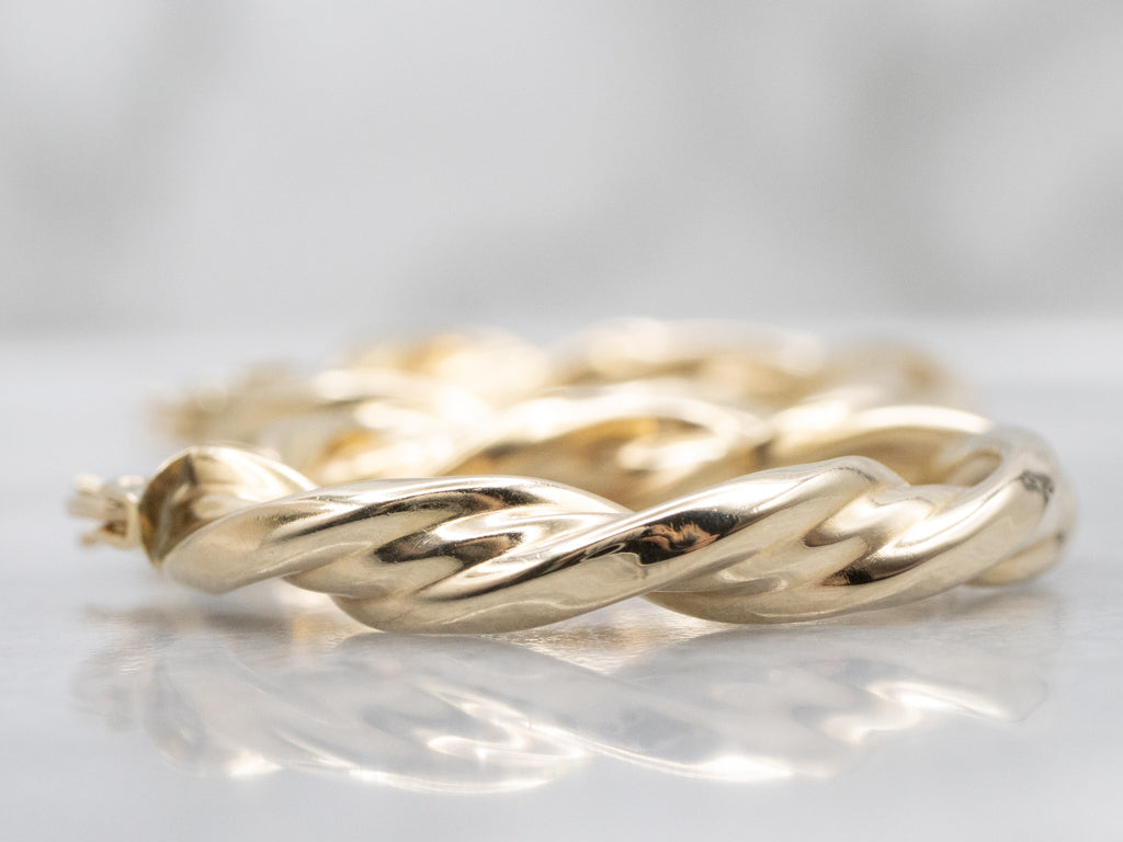 Puffed Twisted Yellow Gold Hoop Earrings