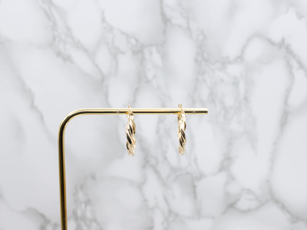 Puffed Twisted Yellow Gold Hoop Earrings