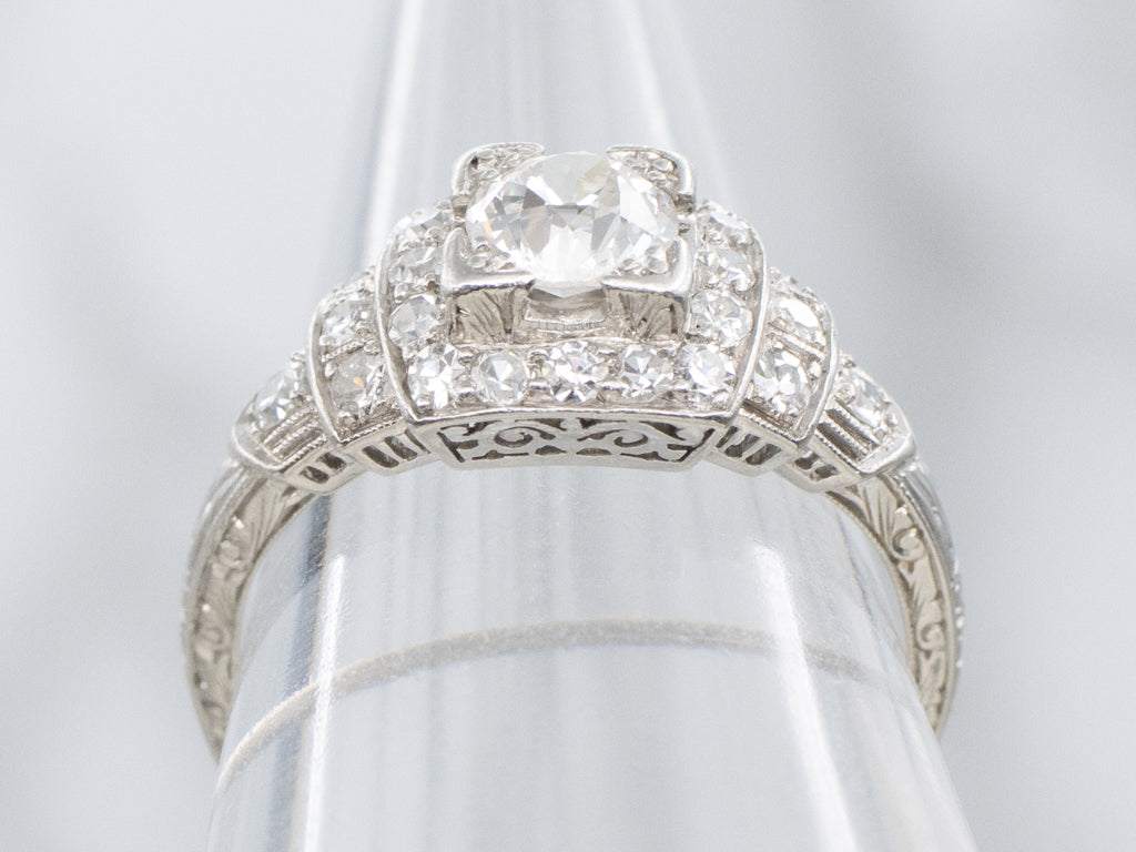 Antique Platinum Old Mine Cut Diamond and Diamond Halo Ring