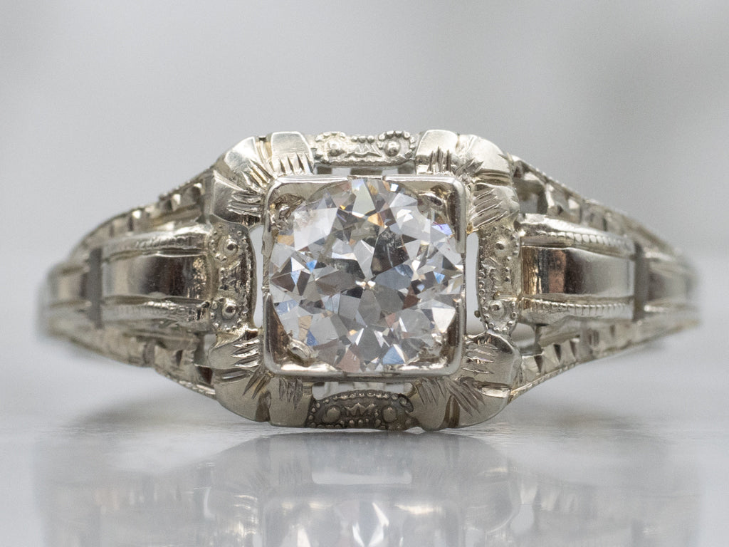 Late Art Deco European Cut Diamond Solitaire Engagement Ring