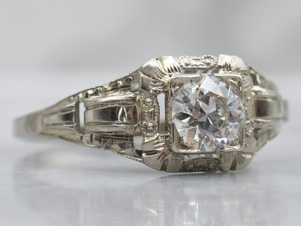 Late Art Deco European Cut Diamond Solitaire Engagement Ring